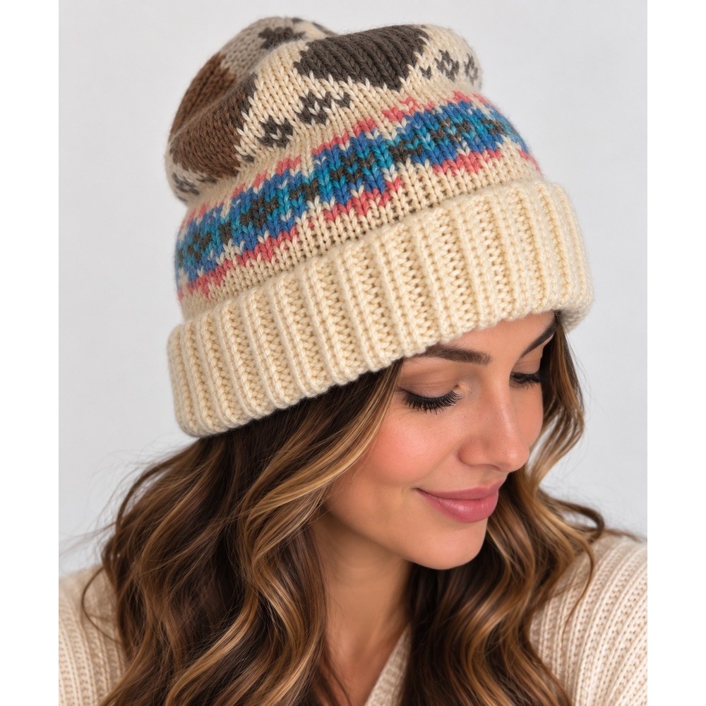 Womens 70s 80s Vintage Fair Isle Knit Beanie Hat Cream Brown Cuffed Heart Motif